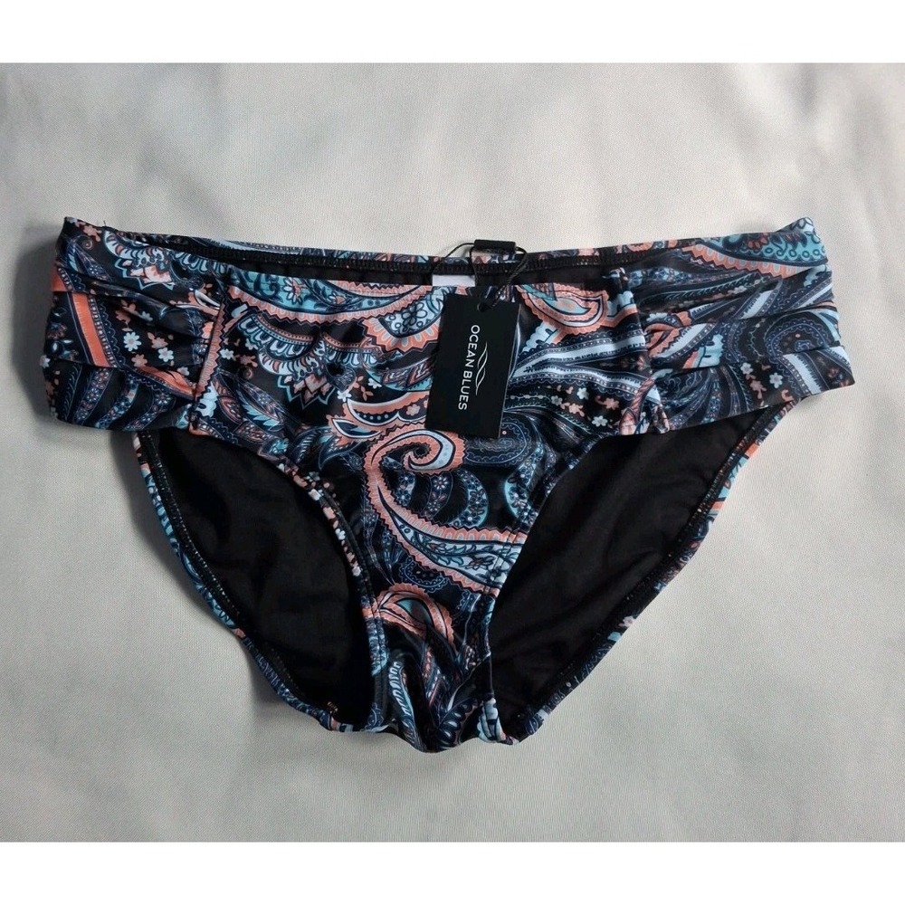 Ocean Blues Strappy Bikini Bottom Full Coverage Leaf Print Navy Orange Sz Small